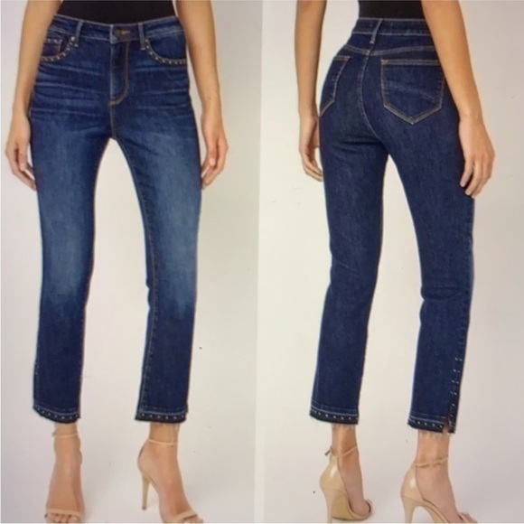Driftwood Amelia Studded Straight Leg Jeans Dark Wash Raw Hem Side Slit Size 30 - Picture 1 of 14